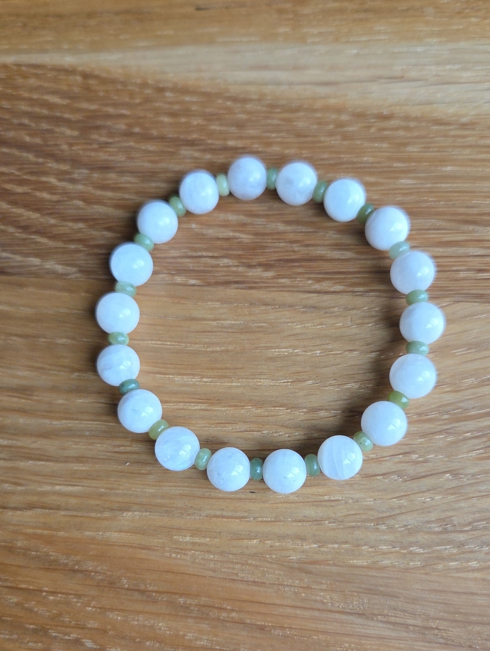 White Moonstone & Green Jade Beaded Stretch Bracelet | Handmade